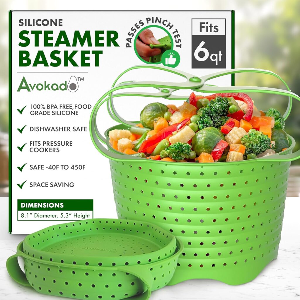 Avokado Silicone Steamer Basket for 6qt Instant Pot [3qt, 8qt avail], Ninja Foodi, Other Pressure Cookers – 100% Food Safe, BPA-Free, Dishwasher Safe Collapsible Vegetable Steamer Basket & Strainer