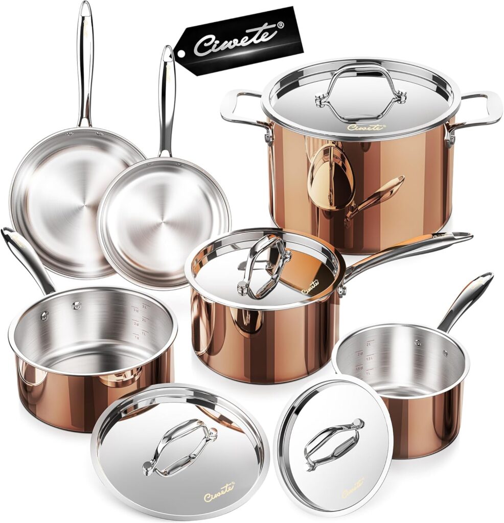 Whole Tri-ply 18/10 Stainless Steel Pot and Pan Set (10 Piece), Copper Pots and Pans Set with Stainless Steel Lid, Induction Cookware Set, Include Stock Pot, Saucepan, Frying Pan – Copper