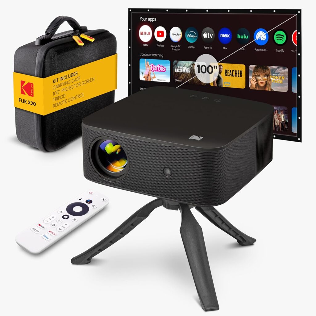 Kodak Flik X20 1080p Smart TV Projector Kit w/ 300 ANSI LED, Auto-Focus & Keystone, HDR10 – Portable Home Theater w/ Black EVA Case, Tripod, 100″ Screen, HDMI Cable, Remote, Wi-Fi, Bluetooth (Black)
