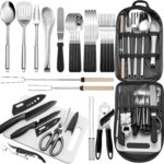 Portable Camping Kitchen Utensil Set-27 Piece Cookware Kit, Stainless Steel Outdoor Cooking and Grilling Utensil Organizer Travel Set Perfect for Travel, Picnics, RVs, Camping, BBQs, Parties and More