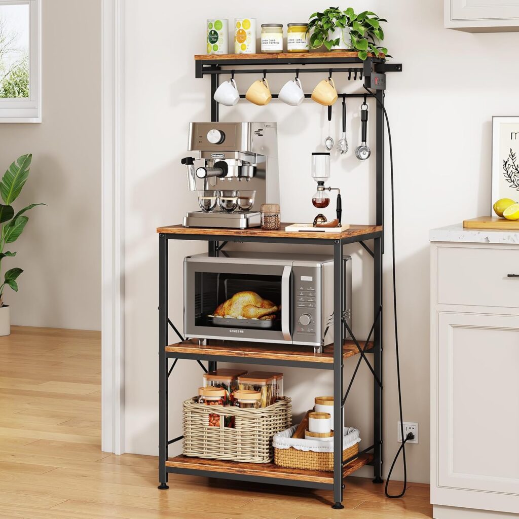 SNTD Kitchen Bakers Rack with Power Outlet 10 Hooks, 4 Tiers Coffee Bar Station Cabinet, Microwave Stand with Storage (Rustic Brown, 21.7 x 14.2 x 49.6 Inch)