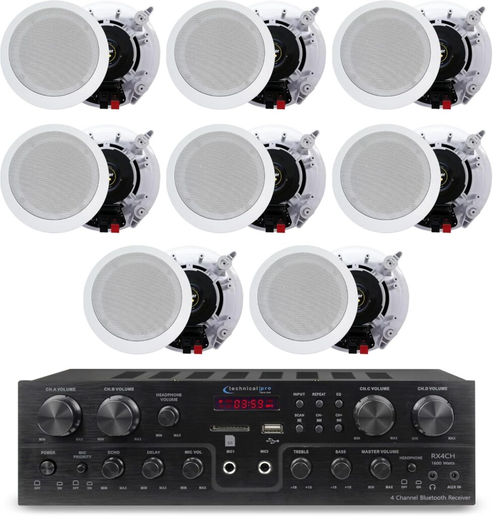 Home Theater System Kit with 1000 Watts 4-Chanel Bluetooth Receiver & 8 Qty 6.5″ 200 Watts in-Wall in-Ceiling Speakers of 2-Way Stereo Sound with Woofer/Tweeter, Flush Design by Technical Pro