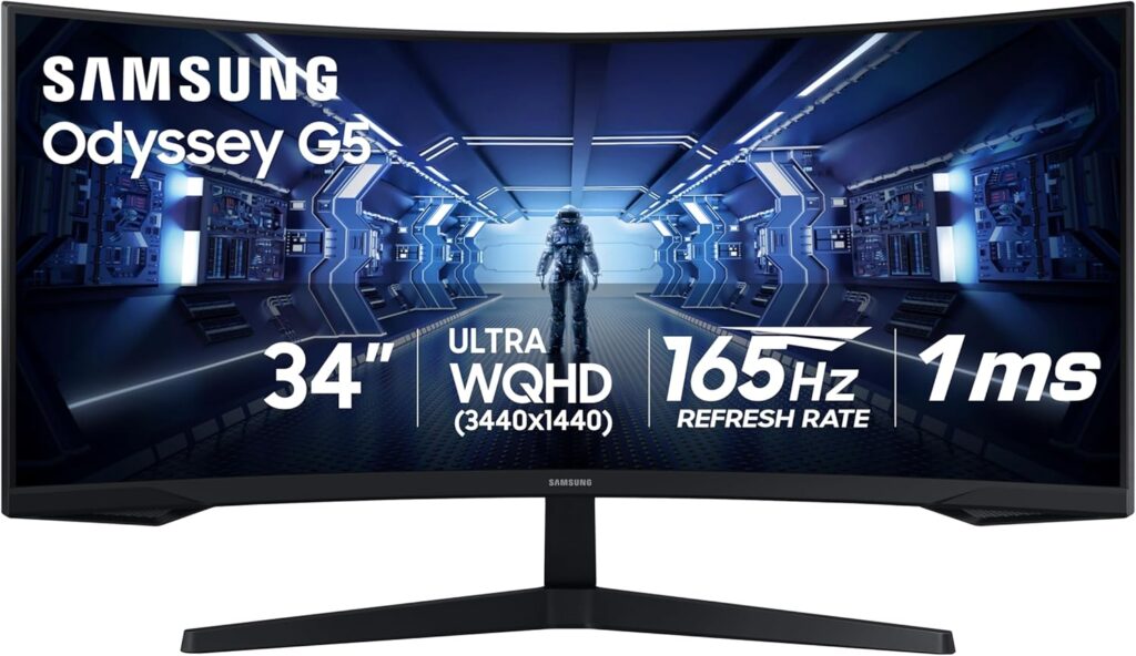 SAMSUNG 34′ Odyssey G5 Ultra-Wide Gaming Monitor with 1000R Curved Screen, 165Hz, 1ms, FreeSync Premium, Large Display, Eye Comfort, Multiple Ports, WQHD, LC34G55TWWNXZA, Black