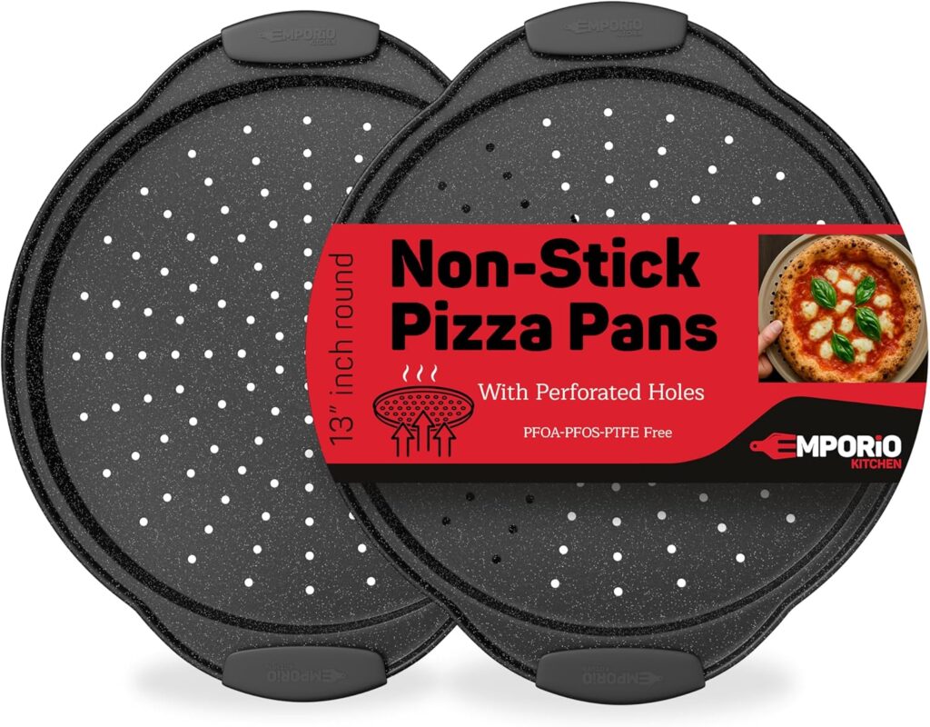 Non-Stick Pizza Pan with Silicone Handle 2 Pack, 13 Inch Round Carbon Steel Tray with Perforated Holes, Dishwasher & Oven Safe Up To 450°F, PFOAPFOSPTFE Free, Durable Nonstick Gray Marble Coating