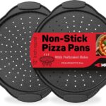 Non-Stick Pizza Pan with Silicone Handle 2 Pack, 13 Inch Round Carbon Steel Tray with Perforated Holes, Dishwasher & Oven Safe Up To 450°F, PFOAPFOSPTFE Free, Durable Nonstick Gray Marble Coating