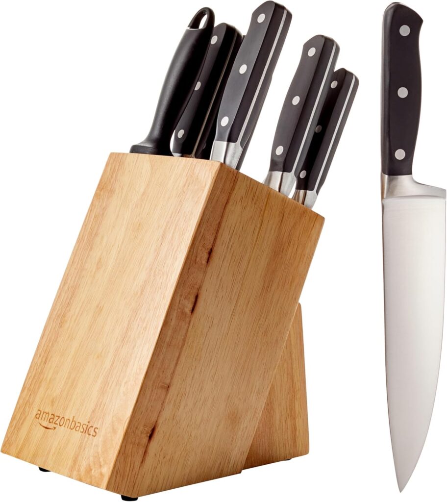 Amazon Basics 9 Pieces Premium High-Carbon Stainless-Steel Blades with Pine Wood Knife Block Set, Kitchen, Black