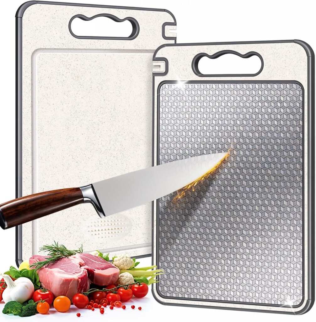 Stainless Steel Cutting Board, Double Sided Chopping Board for Kitchen, Scratch-resistant Mesh Design, Non Toxic, Juice Groove, Dishwasher Safe, 304 Stainless Steel and Wheat Straw PP (15×10 In)