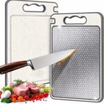 Stainless Steel Cutting Board, Double Sided Chopping Board for Kitchen, Scratch-resistant Mesh Design, Non Toxic, Juice Groove, Dishwasher Safe, 304 Stainless Steel and Wheat Straw PP (15×10 In)