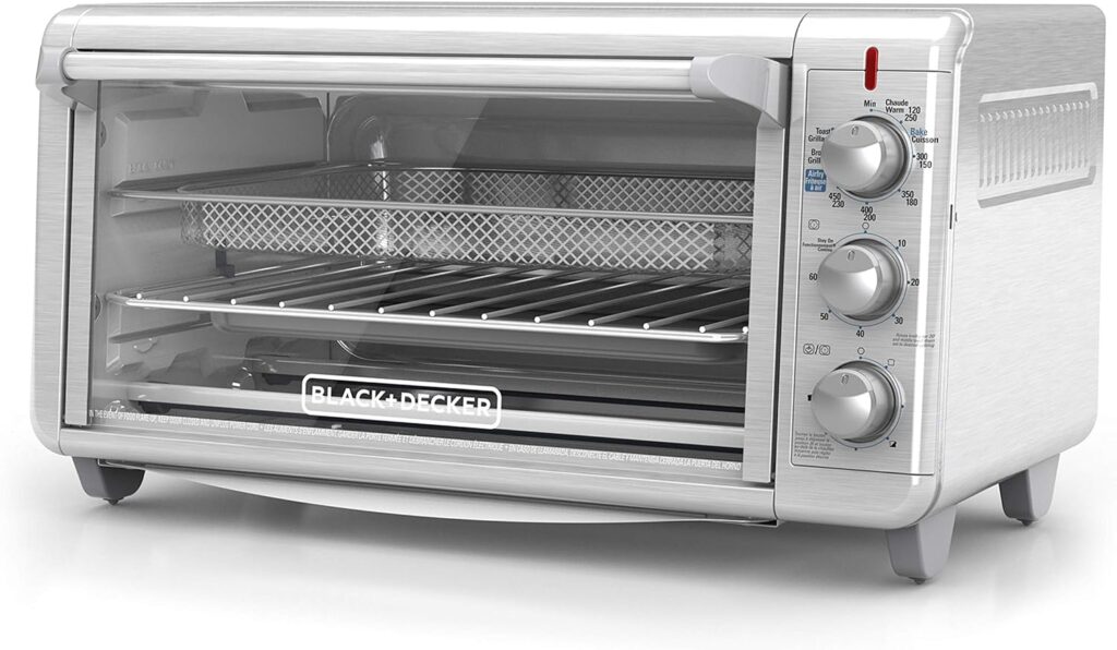 BLACK+DECKER Crisp ‘N Bake Air Fry Countertop Convection Toaster Oven, XL Capacity, 8-Slice, 5-in-1, Fits 9” x 13” pan,12” Pizza, 60-Min Timer, Bake, Broil, Air Fry, Toast, Keep Warm, Stainless Steel