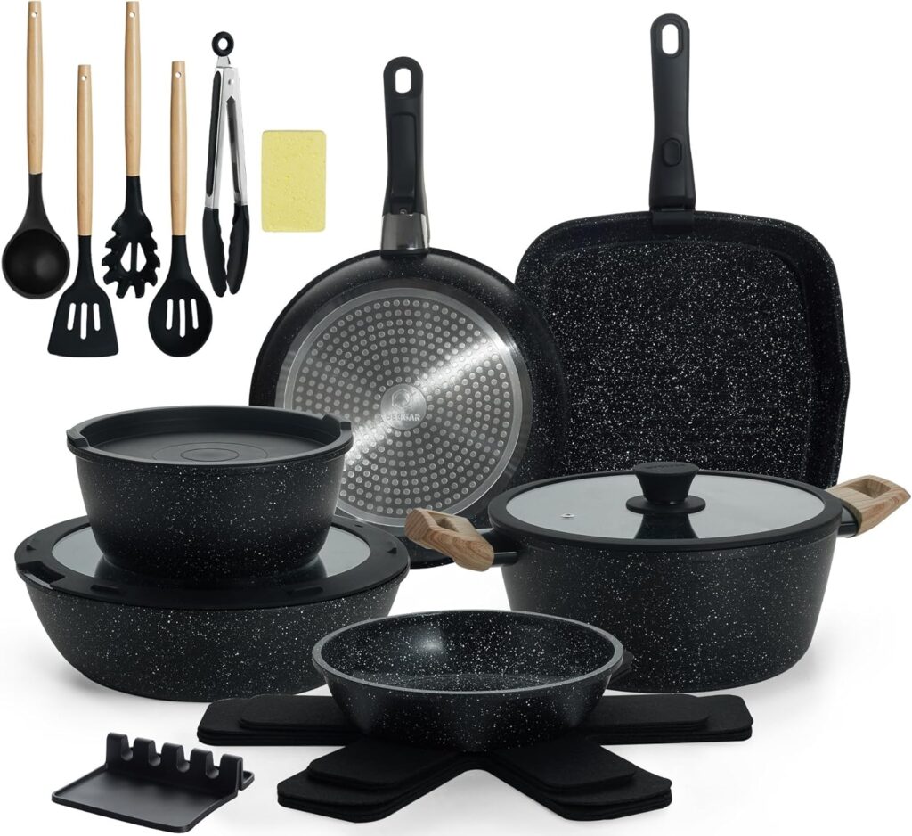 23pcs Ceramic Pots and Pans Set, Nonstick Detachable Handle Cookware, Induction Kitchen Cooking Set with Removable Handle,include Frying Pans & Saucepans Oven Safe (Black)