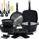 23pcs Ceramic Pots and Pans Set, Nonstick Detachable Handle Cookware, Induction Kitchen Cooking Set with Removable Handle,include Frying Pans & Saucepans Oven Safe (Black)