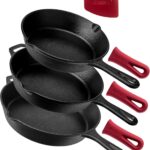 Cuisinel Cast Iron Skillet Set – 8″ + 10″ + 12″-Inch Pre-Seasoned Frying Pans + Silicone Handle Grip Covers – Use Indoor/Outdoor, Oven, Grill, Stove, BBQ, Fire, Induction – Kitchen/Camping Cookware