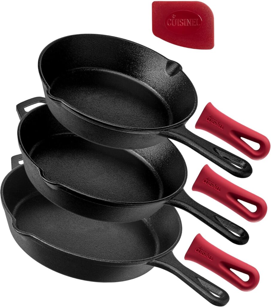 Cuisinel Cast Iron Skillet Set – 8″ + 10″ + 12″-Inch Pre-Seasoned Frying Pans + Silicone Handle Grip Covers – Use Indoor/Outdoor, Oven, Grill, Stove, BBQ, Fire, Induction – Kitchen/Camping Cookware