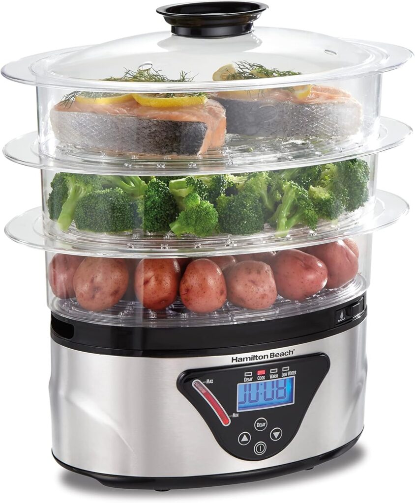 Hamilton Beach Digital Electric Food Steamer & Rice Cooker for Quick, Healthy Cooking with Stackable Three-Tier Bowls for Vegetables and Seafood, 8.25 Quart, Black & Stainless Steel