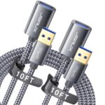 JSAUX 2Pack 10FT+10FT USB 3.0 Extension Cable, Type A Male to Female USB Extender Cord Nylon Braided Compatible with Webcam, Camera, Phone, USB hub, Mouse, Keyboard, Printer, Hard Drive, Xbox-Grey