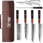 Japan Knife Set, High Carbon Steel Japan Nakiri Santoku Knife Set, Hand Forged Meat Cleaver Butcher Knife with Accessories for Kitchen, Camping BBQ Knives Set with Bag