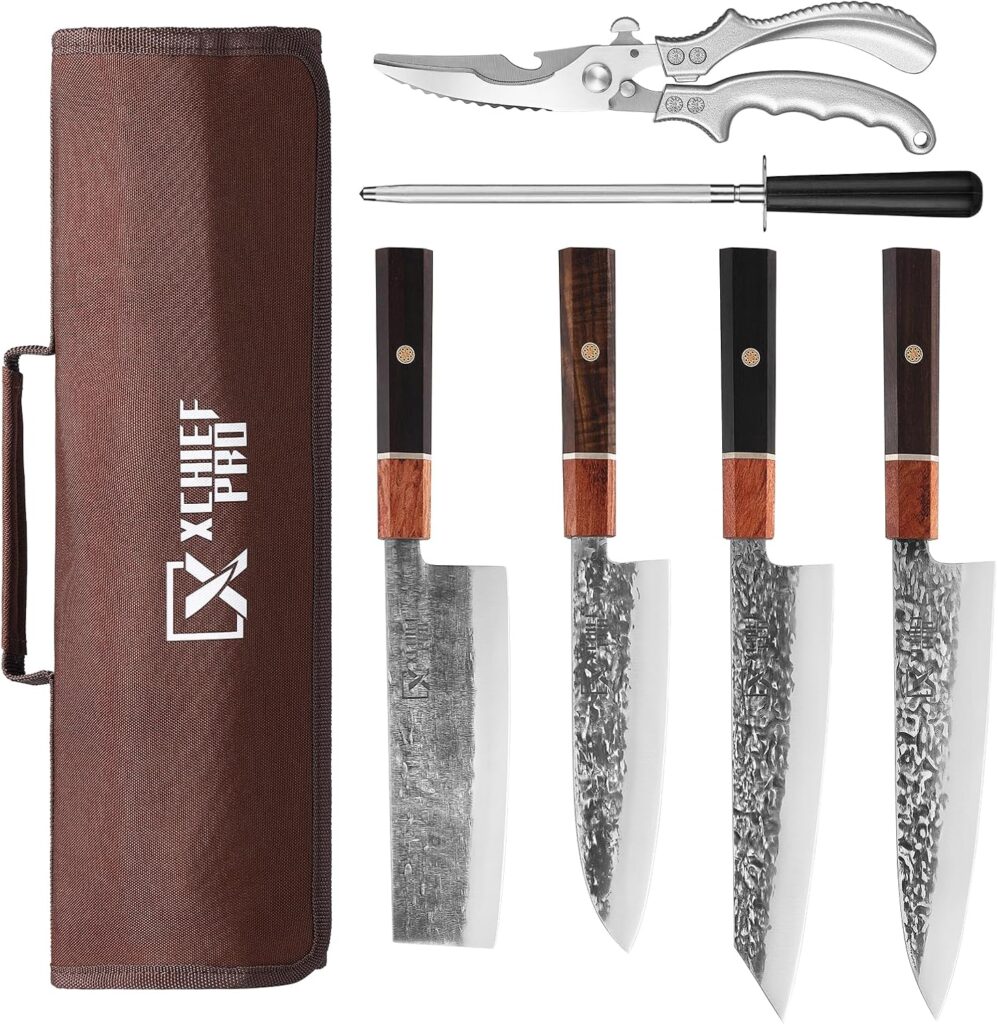 Japan Knife Set, High Carbon Steel Japan Nakiri Santoku Knife Set, Hand Forged Meat Cleaver Butcher Knife with Accessories for Kitchen, Camping BBQ Knives Set with Bag