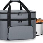 Double Layer Slow Cooker Travel Bag Compatible with 6, 7, 8 Quart Crock-Pot, Insulated Travel Carrier with Easy to Clean Lining, Grey