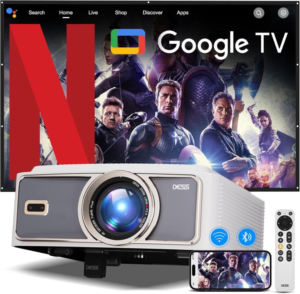 【1500Brightness】Dess Projector,Projector With Wifi 6 And Bluetooth, Movie Proyector with Electric Stand, Smart Projector Outdoor Projector,Auto Focus & Keystone, Native 1080P, High Contrast