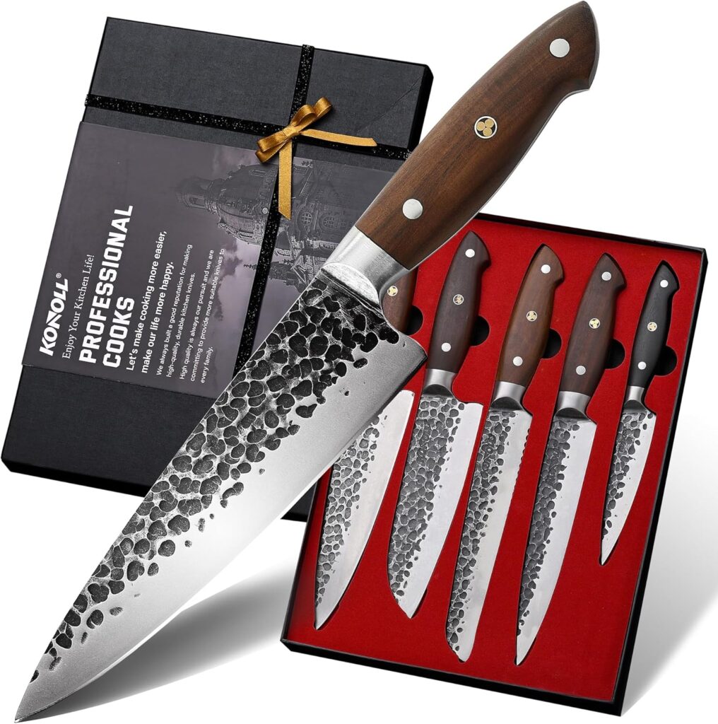KONOLL Kitchen Knife Set of 5 pcs Japanese AUS-8 Steel Forged Handmade Chef Knives Set without block For Chef Gift Box knofe Set Ultra Sharp with Full Tang Large Wood Handle