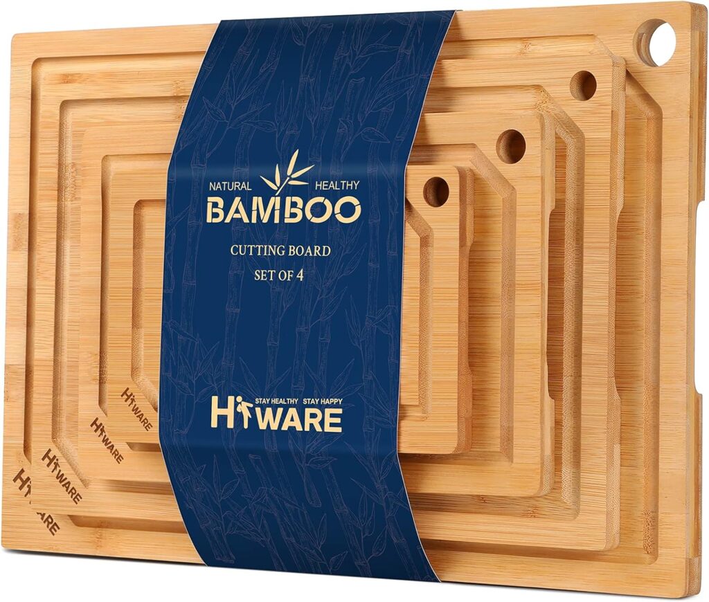 Hiware 4-Piece Extra Large Bamboo Cutting Boards Set for Kitchen, Heavy Duty Cutting Board with Juice Groove, Bamboo Chopping Board Set for Meat, Vegetables – Pre Oiled
