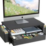 Desk Organizer and Accessories, Computer Monitor Stand Riser with Drawer and 2 Pen Holders, Office Desk Accessories & Workspace Organizers for Office Supplies (Black)