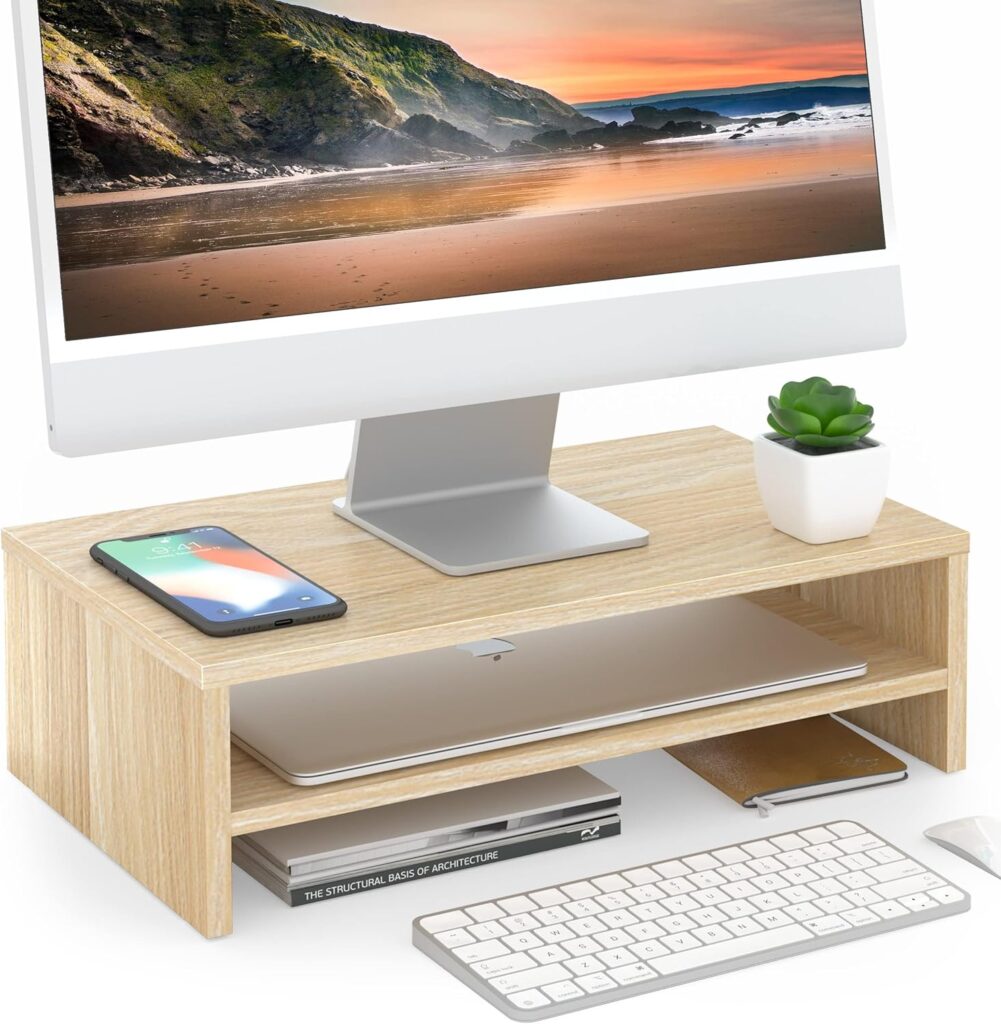 FITUEYES Monitor Stand – 2 Tier Computer Monitor Riser Shelf, Wood Desktop Stand for Laptop Computer Screen, Desk Organization, Office Supplies