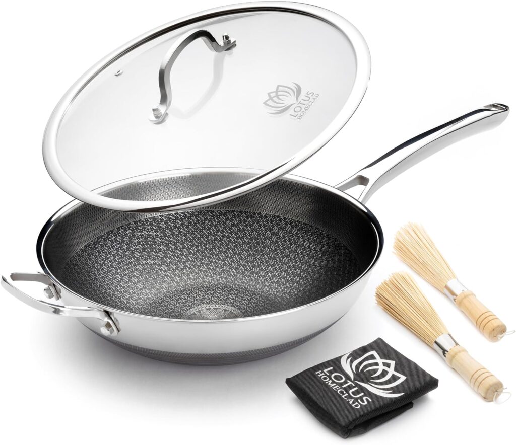 Hybrid Wok Pan, Nonstick, PFOA Free 12 Inch Induction Wok With Lid, Dishwasher Safe Cooking Pan For All Cooktops, Stainless Steel Cookware, Woks & Stir-Fry Pans, Bonus Bamboo Dish Brush