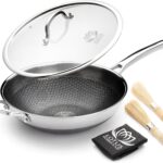 Hybrid Wok Pan, Nonstick, PFOA Free 12 Inch Induction Wok With Lid, Dishwasher Safe Cooking Pan For All Cooktops, Stainless Steel Cookware, Woks & Stir-Fry Pans, Bonus Bamboo Dish Brush