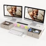 Dual Monitor Stand Riser with 2 Drawers – 39Inch Large Storage Computer Monitor Stands for 2 Monitors, Wooden Desktop Organizer Perfect for Home Office Desk, Computer, Laptop, TV, White