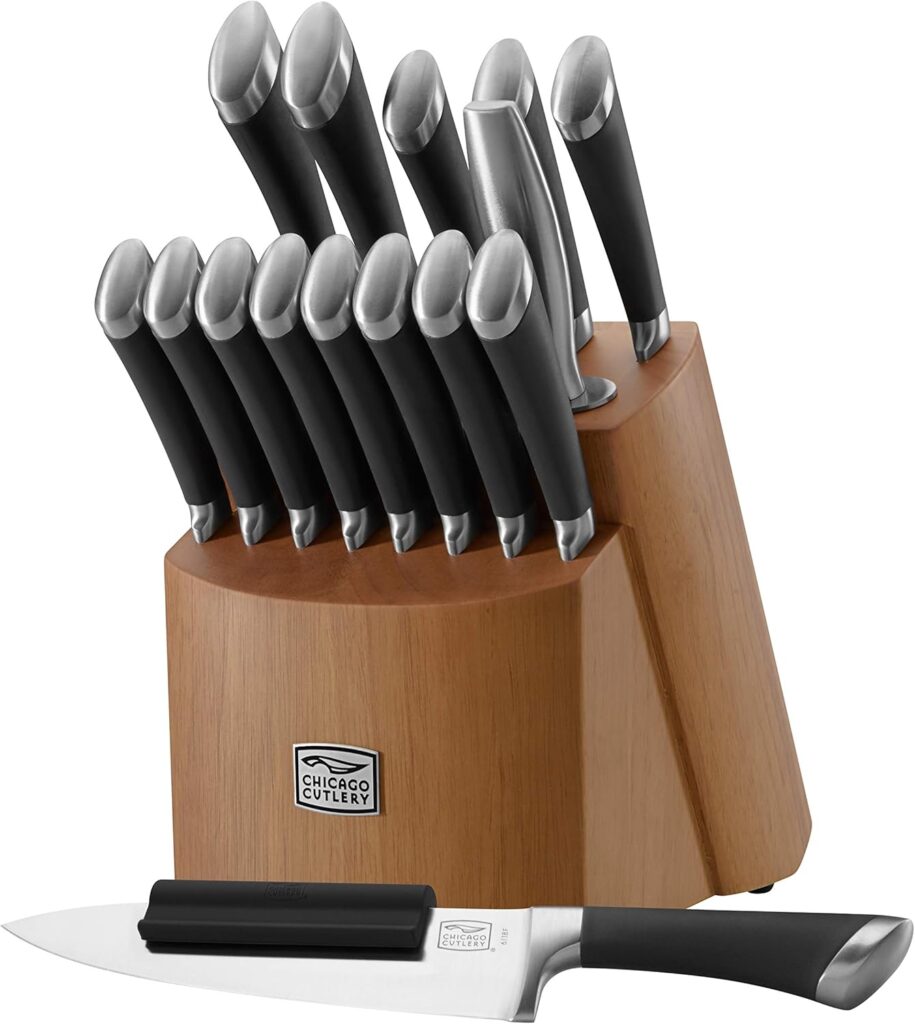 Chicago Cutlery Fusion 17 Piece Kitchen Knife Set with Wooden Storage Block, Cushion-Grip Handles with Stainless Steel Blades that Resists Stains, Rust, and Pitting