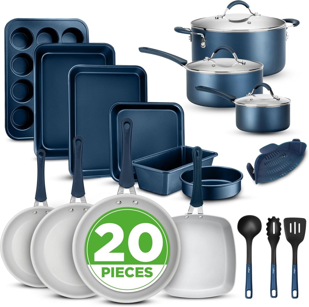 NutriChef Professional 20 Pc Kitchen Set in Navy Blue – Durable Non-Stick Pots and Pans with Bakeware, Compatible with Any Cooktop, Easy Clean