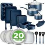 NutriChef Professional 20 Pc Kitchen Set in Navy Blue – Durable Non-Stick Pots and Pans with Bakeware, Compatible with Any Cooktop, Easy Clean