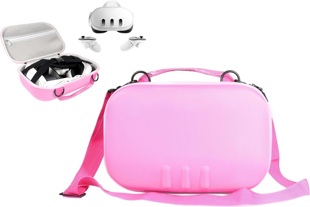 GETGEAR VR Headset Case for compatible with Meta Quest 3/ 3s, Portable travel organizer for VR and controllers with shoulder strap, also fits for Meta Quest 2, Oculus Quest 3, Vision Pro (Pink)