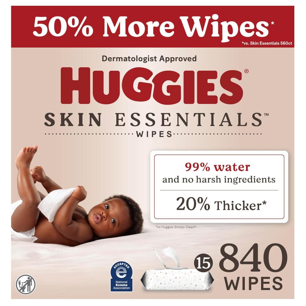 Huggies Skin Essentials Baby Wipes, Hypoallergenic, 99% Water, 15 Flip Top Packs (840 Wipes Total)
