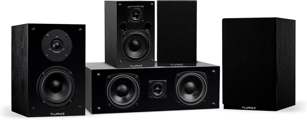 Fluance Elite High Definition Compact Surround Sound Home Theater 5.0 Channel Speaker System Including 2-Way Bookshelf, Center Channel and Rear Surround Speakers – Black Ash (SX50BC)