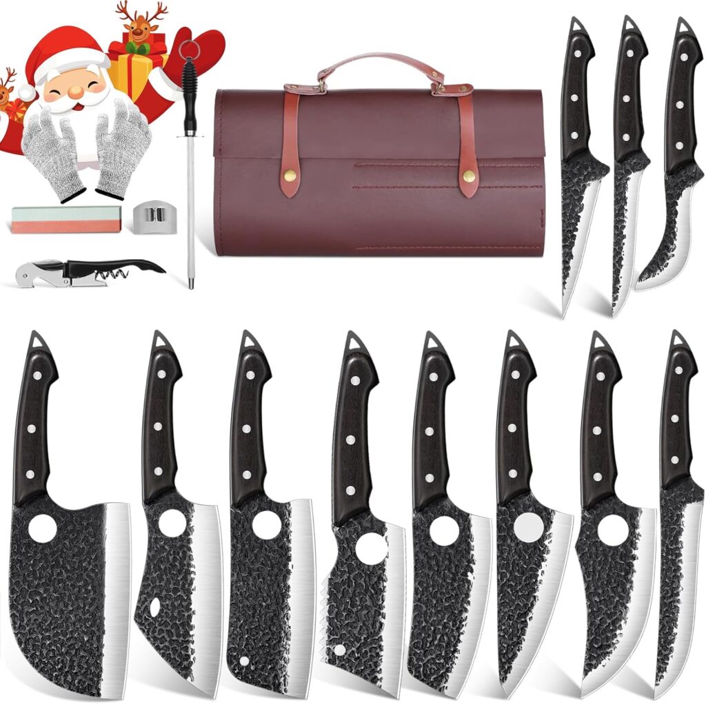 TAN REN 17PCS Butcher Knife Set with Bag, High Carbon Steel BBQ Knife Set for Meat Cutting, Hand Forged Serbian Chef Knives for Man Home & Outdoor Cooking,Father’s Day Gift