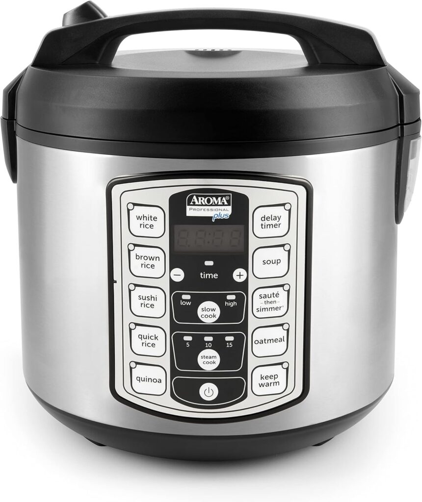 Aroma Housewares Professional Plus ARC-5000SB 20 Cup (Cooked) Digital Rice Cooker, Food Steamer, Slow Cooker, Stainless Exterior/Nonstick Pot, Silver, Black, 10-cup uncooked/20-cup cooked/4QT
