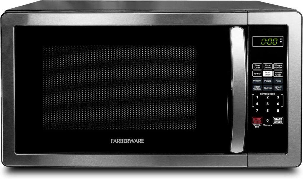 Farberware 1.1 Cu. Ft. Countertop Microwave Oven – 1000 Watts Power, Auto Cook Settings, Defrost, Easy Clean and Child Safety Lock-Stainless, Stainless Steel