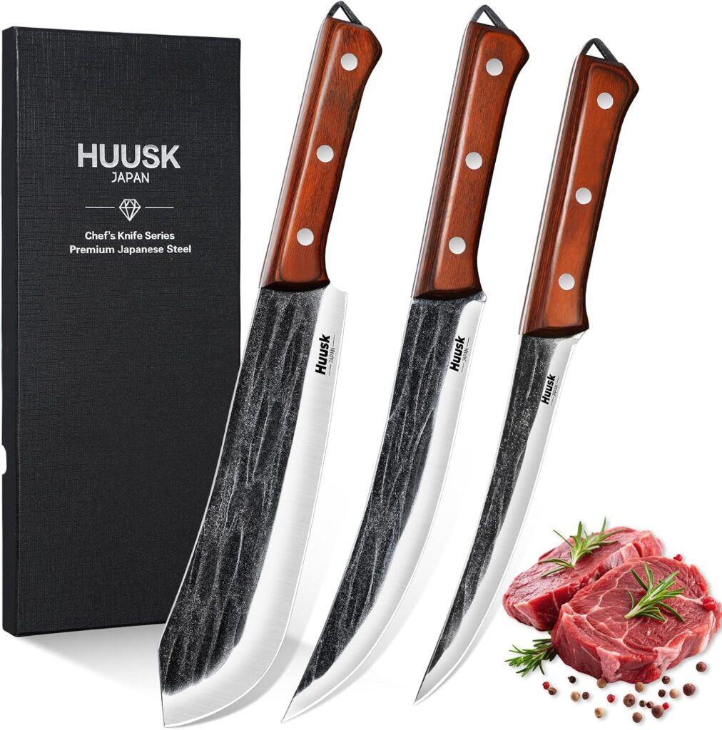 Huusk Butcher Knife Set for Meat Cutting, 3PCS Carving BBQ Brisket Knives, Hand-forged Kitchen Knive Set with Ergonomic Handle, Gift for Men Women