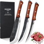 Huusk Butcher Knife Set for Meat Cutting, 3PCS Carving BBQ Brisket Knives, Hand-forged Kitchen Knive Set with Ergonomic Handle, Gift for Men Women