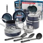 Blue Diamond 14 Piece Nonstick Cookware Set, Diamond Ceramic Pots & Pans, Dishwasher & Metal Utensil Safe, Non Toxic PFAS-Free, Kitchen Cooking Sauce & Saute Pans, Oven & Broiler to 600F, Blue
