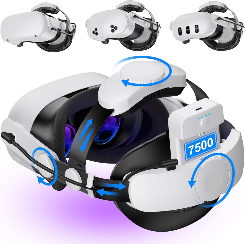 Kawaye for Meta Quest 3S/Quest 2/Quest 3 Head Strap with 7500mAh Hot-Swap Battery, Double Knobs Adjustable VR Headset Strap Enhanced Support&Comfort&Reduce Pressure