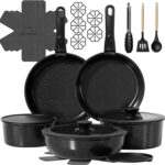 23 Pcs Pots and Pans Set Non Stick, Ceramic Cookware Set Non Toxic with Detachable Handles, Healthy Induction Cookware Oven Safe RV Kitchen Set, PFAS PFOA & PTFE Free, Black