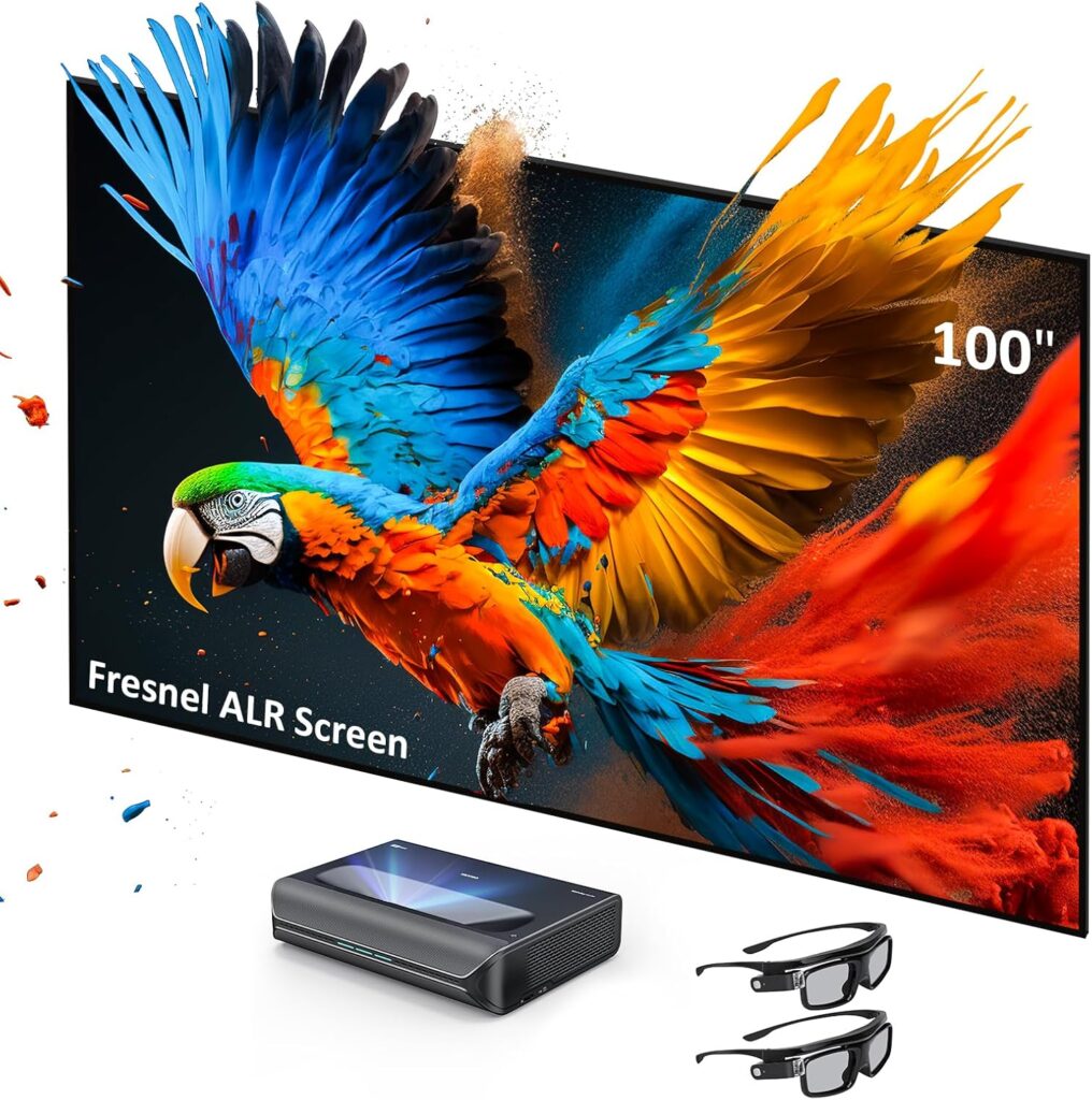 NexiGo Aurora Pro Ultra Short Throw 4K Tri-Color Laser Projector with 100″ Fresnel ALR Screen and DLP Link 3D Glasses, 2400 Lumens Brightness, Dynamic Laser Dimming, 85% ALR for Clear Daylight Viewing