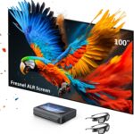 NexiGo Aurora Pro Ultra Short Throw 4K Tri-Color Laser Projector with 100″ Fresnel ALR Screen and DLP Link 3D Glasses, 2400 Lumens Brightness, Dynamic Laser Dimming, 85% ALR for Clear Daylight Viewing