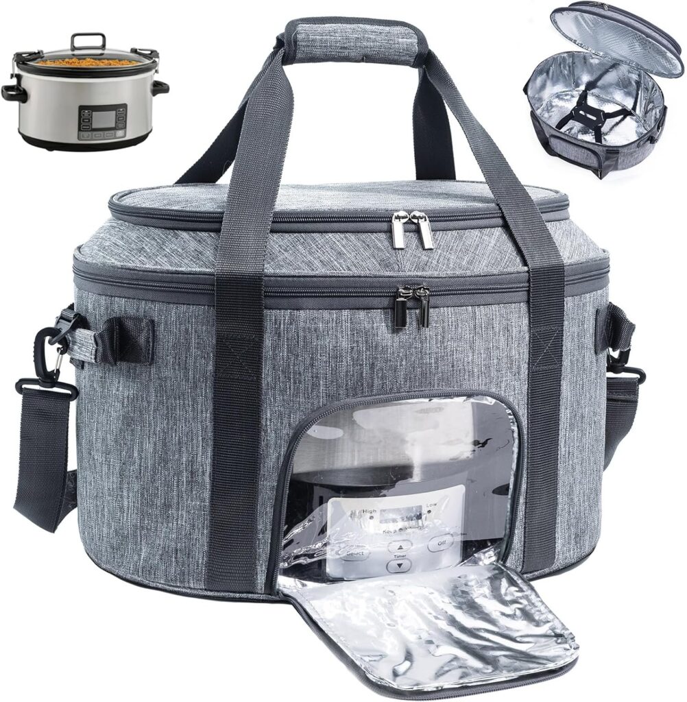 Double-Layer Slow Cooker Carrying Bag for 6-8 Quart CrockPot and Hamlton Beach Slow Cooker, Travel Bag with Lid Fastener for Crock-pot, Portable Carrier Case Slow Cooker Bag with See-thought Window