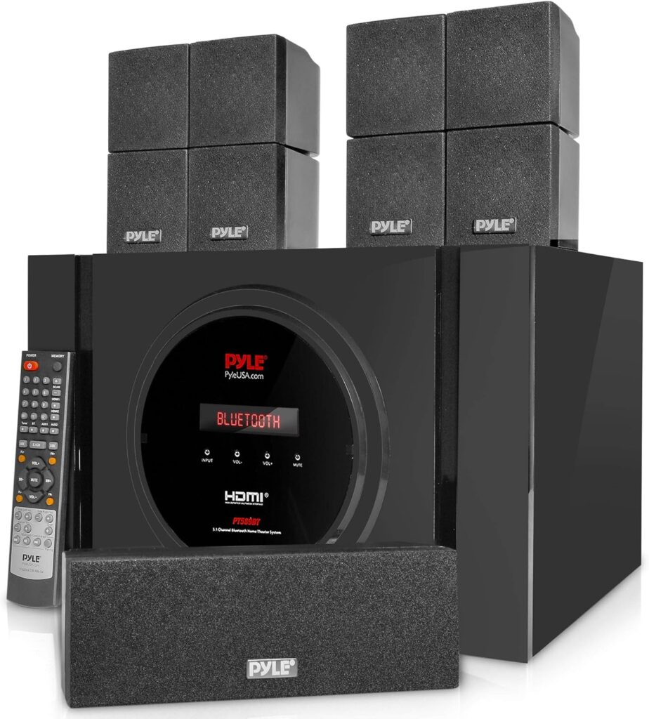 Pyle 5.1 Channel Home Theater Speaker System – 300W Bluetooth Surround Sound Audio Stereo Power Receiver Box Set w/ Built-in Subwoofer, 5 Speakers, Remote, FM Radio, RCA – PT589BT,Black