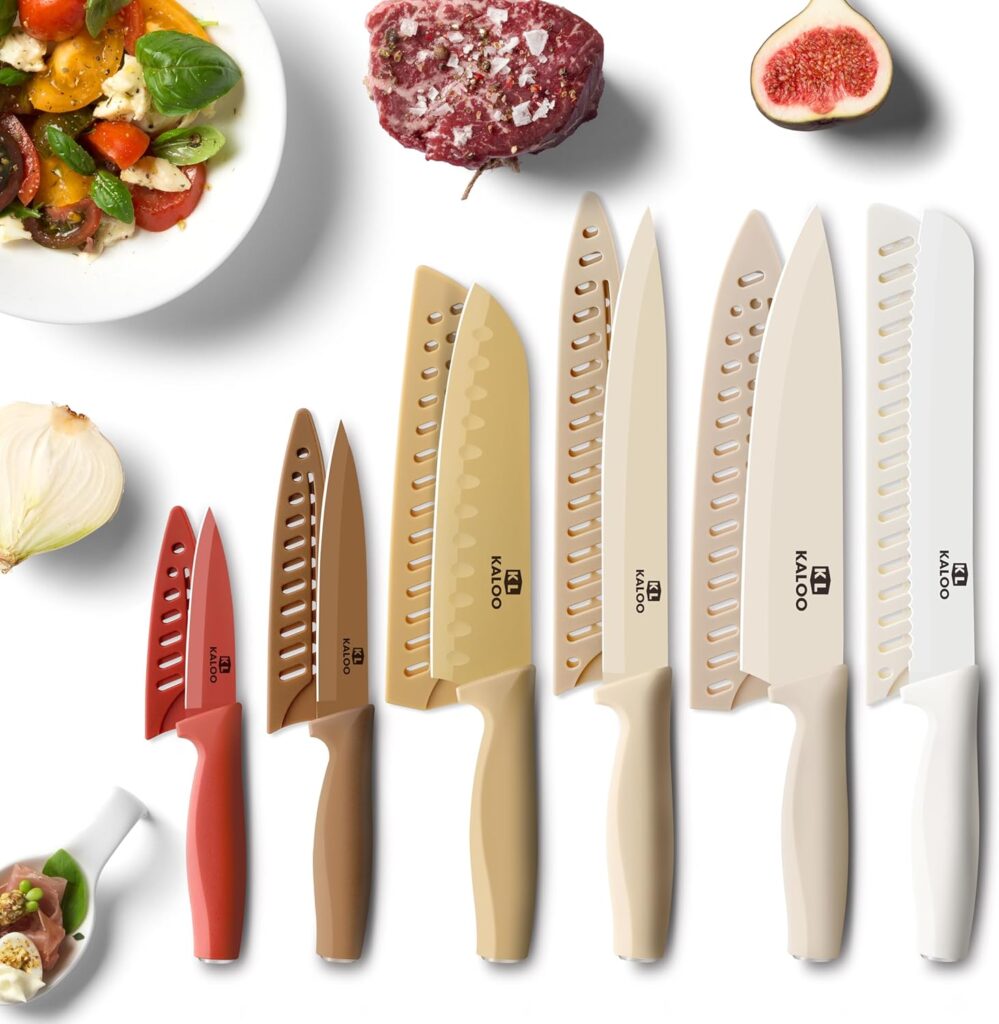 12 Piece Kitchen Knife Set, Kaloo Stainless Steel Knife Set With Ergonomic Handle, 6 Knifes with 6 Matched Blade Guards, Rustproof, Dishwasher Safe (Brown)