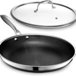HexClad Hybrid Nonstick 12-Inch Frying Pan with Tempered Glass Lid, Stay-Cool Handle, Dishwasher-Friendly, Oven-Safe Up to 900°F, Induction Ready, Compatible with All Cooktops